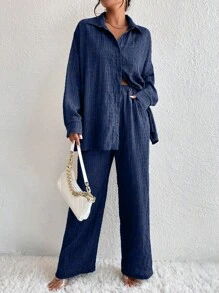EMERY ROSE Solid Drop Shoulder Shirt & Wide Leg Trousers - Navy Blue - View 3