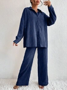 EMERY ROSE Solid Drop Shoulder Shirt & Wide Leg Trousers - Navy Blue - View 4