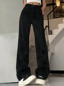 Star Pattern Straight Leg Jeans - Black - View 3