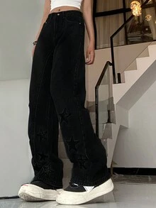 Star Pattern Straight Leg Jeans - Black - View 4