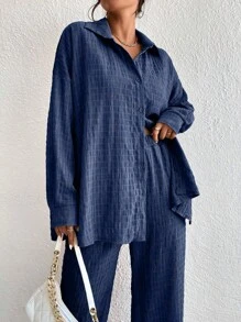 EMERY ROSE Solid Drop Shoulder Shirt & Wide Leg Trousers - Navy Blue - View 5