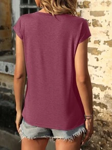 SHEIN LUNE Solid V Neck Batwing Sleeve Tee - Maroon - View 2