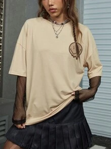 ROMWE Street Life Slogan Graphic Oversized Tee ENJOY THE LITTLE THINGS, School - Apricot - View 3