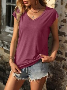 SHEIN LUNE Solid V Neck Batwing Sleeve Tee - Maroon - View 5