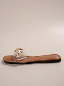 Rhinestone Thong Slippers For Women, Fashion Casual Comfortable French Beach Sandals Suitable For Dating, Vacation & Casual Home Wear - Brown - View 3