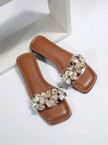 Rhinestone Thong Slippers For Women, Fashion Casual Comfortable French Beach Sandals Suitable For Dating, Vacation & Casual Home Wear - Brown - View 5