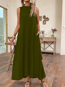 SHEIN LUNE Chất rắn Túi ẩn Váy ba lỗ - màu xanh lá - Xem 3