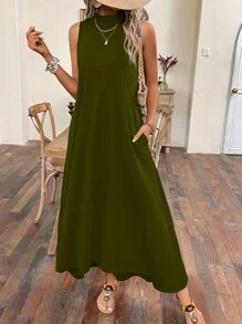 SHEIN LUNE Chất rắn Túi ẩn Váy ba lỗ - màu xanh lá - Xem 4