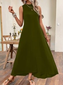 SHEIN LUNE Chất rắn Túi ẩn Váy ba lỗ - màu xanh lá - Xem 5