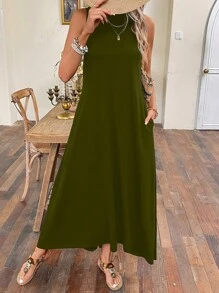 SHEIN LUNE Chất rắn Túi ẩn Váy ba lỗ - màu xanh lá - Xem 6