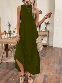 SHEIN LUNE Chất rắn Túi ẩn Váy ba lỗ - màu xanh lá - Xem 7