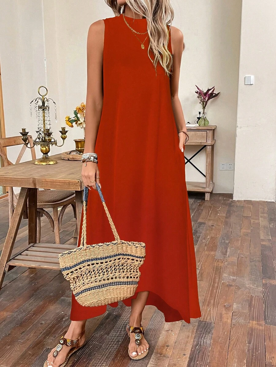 SHEIN LUNE 素色隱藏口袋背心連衣裙 - 鏽棕色 - 查看 1