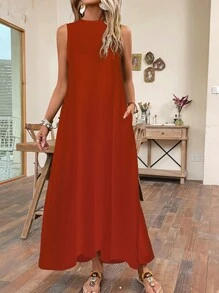 SHEIN LUNE 素色隱藏口袋背心連衣裙 - 鏽棕色 - 查看 3