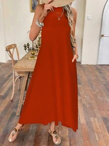 SHEIN LUNE 素色隱藏口袋背心連衣裙 - 鏽棕色 - 查看 4