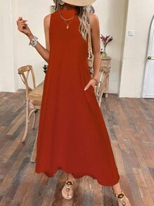 SHEIN LUNE 素色隱藏口袋背心連衣裙 - 鏽棕色 - 查看 7