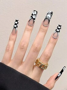 24pcs/Set Long Square Shape, Simple French Line And White Daisy Pattern With Rhinestone False Nails, Handmade, Suitable For Student, Ladies, Party, Dancing, Daily Wear Press On Nails Nail Supplies - Multicolor - View 4