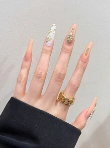 Transform Your Nails With 24Pcs Long Coffin Golden 3D Rhinestone Decor Sequins Fake Nail & 1Pc Nail File & 1Sheet Nail Tape Press On Nails Nail Supplies Nails - Multicolor - View 5