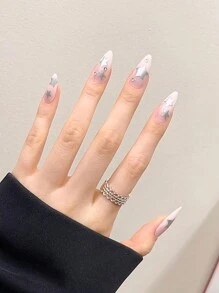 Biến đổi móng tay của bạn với 24 chiếc dài hạnh nhân màu bạc kim loại in hình ngôi sao móng tay giả & 1 dũa móng tay & 1 tờ băng ép trên móng tay Đồ dùng làm móng - Nhiều màu - Xem 6