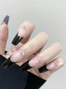 Elevate Your Style with 24pcs Long Coffin Black French Glitter 3D Rhinestone Decor Fake Nail & 1pc Nail File & 1sheet Tape - Multicolor - View 5