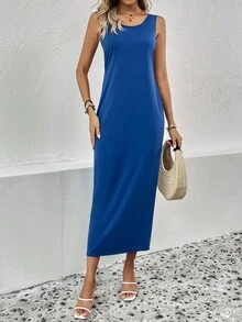 SHEIN LUNE Đầm Lộ Lưng màu trơn Giải trí - Màu xanh lam - Xem 5