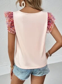 SHEIN LUNE Floral Print Ruffle Trim Tee - Pink - View 2