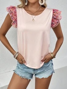 SHEIN LUNE Floral Print Ruffle Trim Tee - Pink - View 5