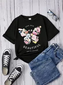 SHEIN Leap Crew Tween ragazze T-shirt manica corta stampata a farfalla nera con scollo tondo, casual - nero - Visualizzare 1