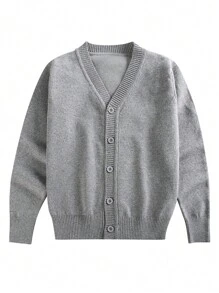 Tween Girl Classic Knit Cardigan For Daily Wear In Spring, Autumn, Winter - Light Grey - View 1