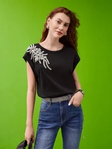 MOTF PREMIUM EMBELLISHED BATWING-SLEEVE T-SHIRT - Black - View 4