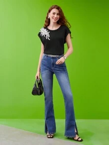 MOTF PREMIUM EMBELLISHED BATWING-SLEEVE T-SHIRT - Black - View 5