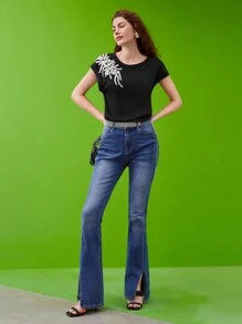 MOTF PREMIUM EMBELLISHED BATWING-SLEEVE T-SHIRT - Black - View 7