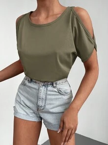 EURMUSE 素色挖肩T恤 - 軍綠色 - 查看 3