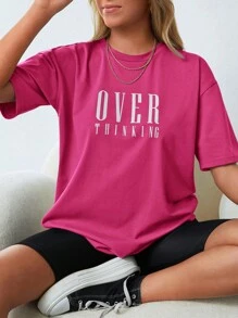 Cottnline Đồ họa Chữ cái Áo thun Thả vai - Màu Hồng Tươi - Xem 1