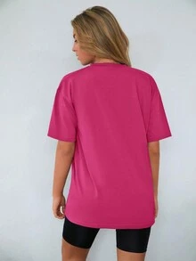 Cottnline Đồ họa Chữ cái Áo thun Thả vai - Màu Hồng Tươi - Xem 2