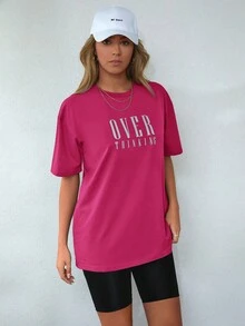 Cottnline Đồ họa Chữ cái Áo thun Thả vai - Màu Hồng Tươi - Xem 3