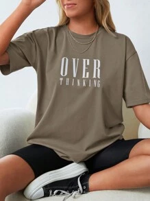 Cottnline 字母圖案落肩T恤 - 橄欖綠 - 查看 1