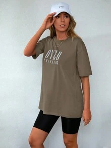 Cottnline 字母圖案落肩T恤 - 橄欖綠 - 查看 5