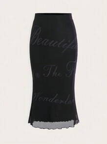SHEIN ICON 字母圖案木耳邊魚尾裙下擺網紗覆蓋半身裙 - 黑色 - 查看 2