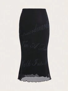 SHEIN ICON 字母圖案木耳邊魚尾裙下擺網紗覆蓋半身裙 - 黑色 - 查看 7