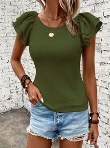 SHEIN Clasi Solid Butterfly Sleeve Tee - Army Green - View 3