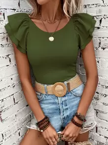 SHEIN Clasi Solid Butterfly Sleeve Tee - Army Green - View 5