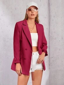 RueChic Double Breasted Flap Detail Blazer - Red Violet - View 6