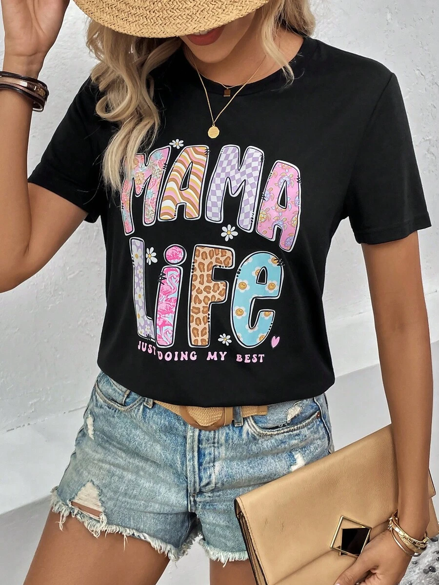 SHEIN LUNE Áo thun nữ Slogan Giải trí - màu đen - Xem 1