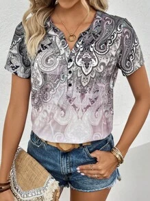 SHEIN LUNE 佩斯利印花半排扣T恤 - 淺灰色 - 查看 1