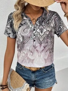 SHEIN LUNE 佩斯利印花半排扣T恤 - 淺灰色 - 查看 3