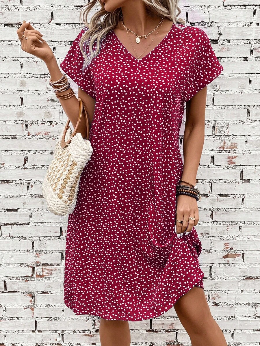 EMERY ROSE 愛心圖案蝙蝠袖連衣裙 - 紅色 - 查看 1