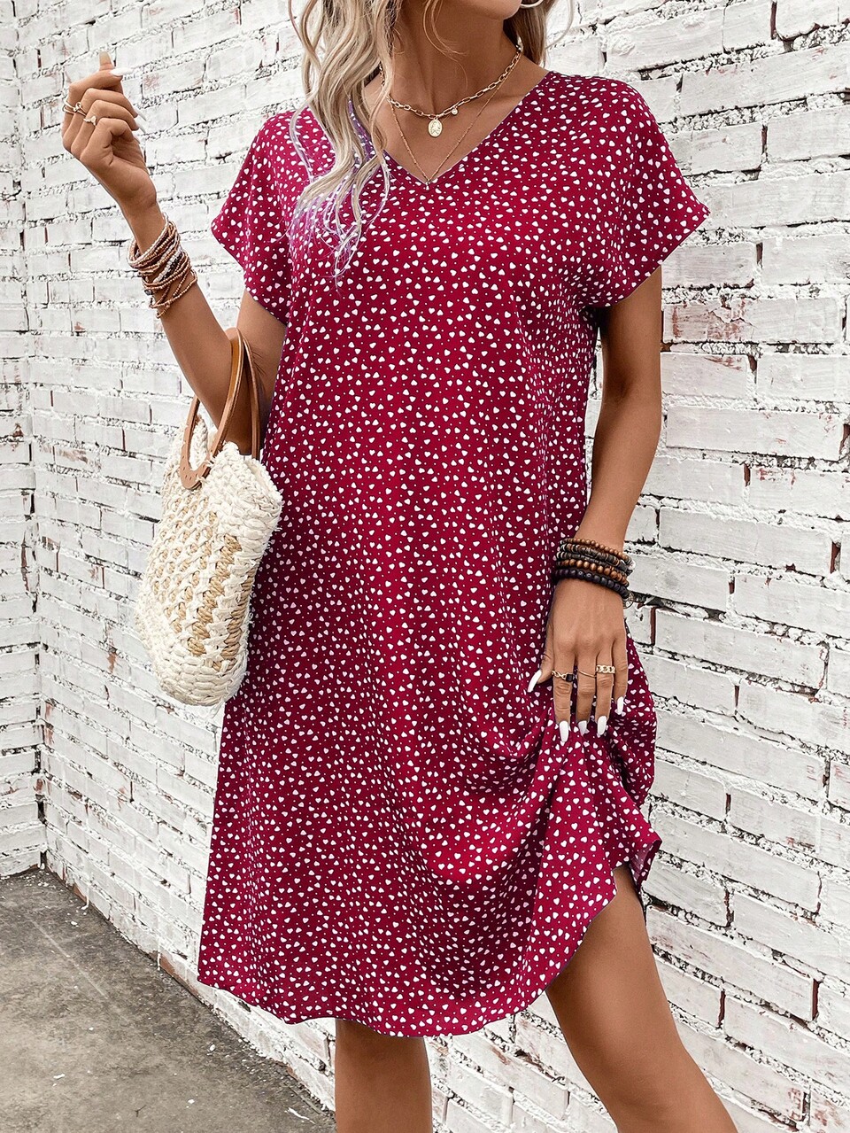 Heart Print Batwing Sleeve Dress