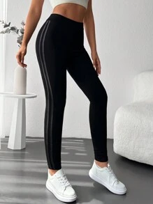 EURMUSE 女款高腰純色運動打底褲,休閒緊身 - 黑色 - 查看 1