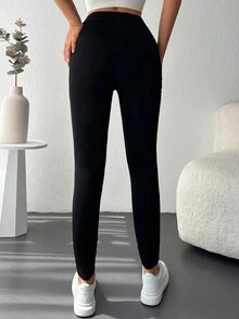 EURMUSE 女款高腰純色運動打底褲,休閒緊身 - 黑色 - 查看 2