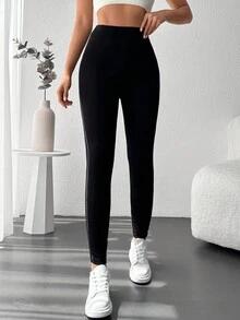 EURMUSE 女款高腰純色運動打底褲,休閒緊身 - 黑色 - 查看 3